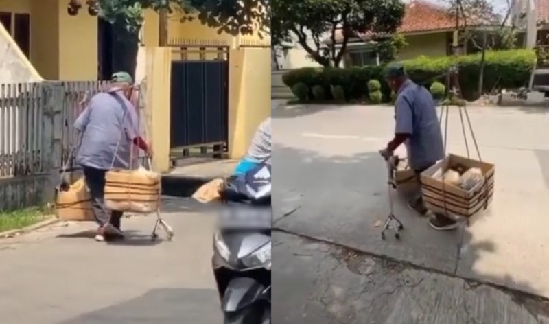 Video Seorang Kakek Tetap Semangat Jualan Keripik Meski Berjalan Pakai Tongkat Viral