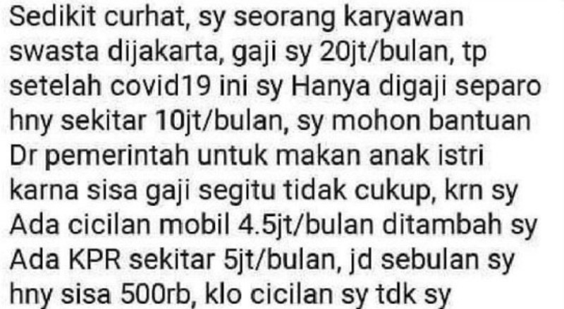VIRAL Curhat Warganet dengan Gaji Rp 20 Juta Minta Bansos ke Pemerintah