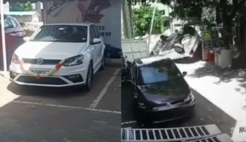 Baru Mau Keluar Dealer Mobil ini Malah Tabrak Gerbang Sampai Terjungkir