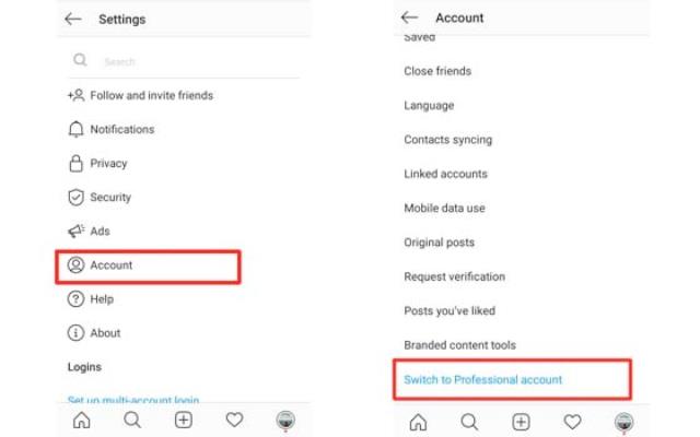 Langkah ke tiga pilih menu akun dan klikSwitch to Professional Account