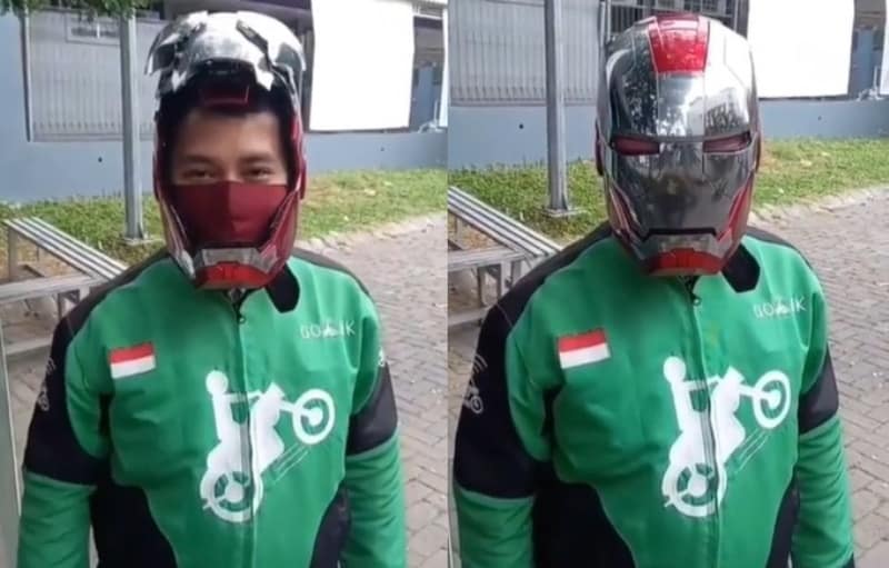 Keren Banget Driver Ojol ini Pamer Pakai Helm ala Iron Man