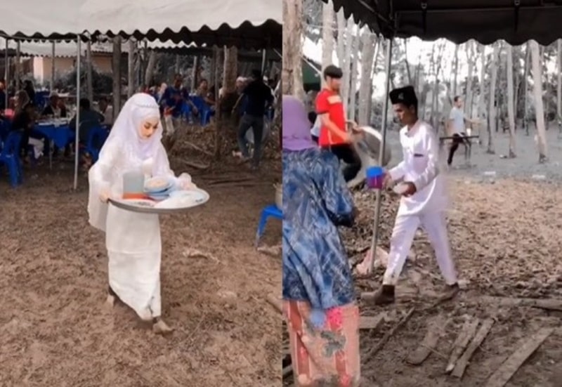 Sambil Nyeker Pengantin ini Sibuk Bereskan Piring Kotor di Hari Pernikahannya