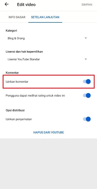 Cara Mematikan Komentar YouTube di HP