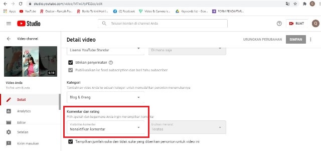 Cara Nonaktifkan Komentar YT