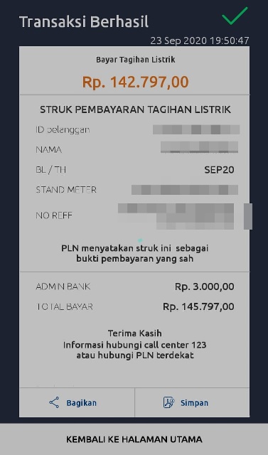 Contoh Bukti Transaksi Bayar Listrik Lewat BRImo