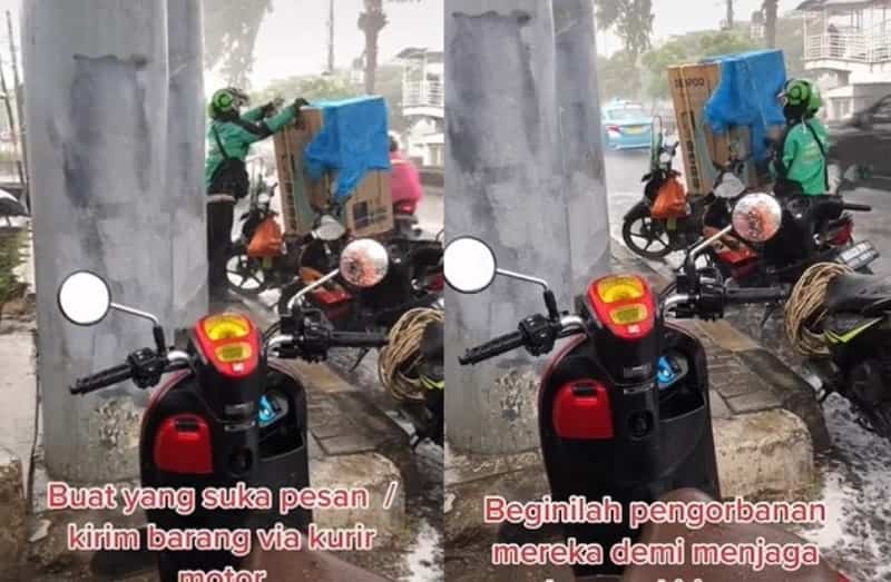 Demi Barang Customer Tetap Aman Driver Ojol ini Rela Basah Kuyup Kehujanan