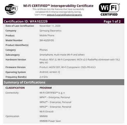 Samsung Galaxy A02 WiFi Alliance