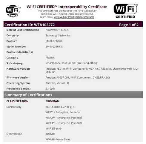 Samsung Galaxy M02 WiFi Alliance