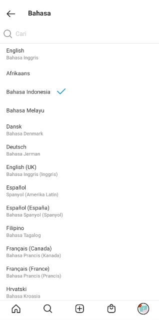 Pilihan Bahasa di Instagram