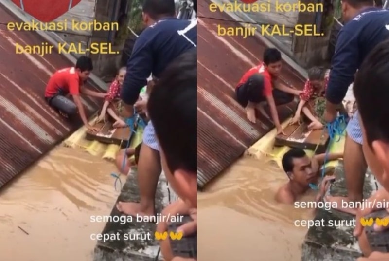Banjir Kalsel Seorang Nenek Dievakuasi Warga Pakai Batang Pisang