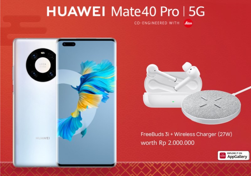 Huawei Mate 40 Pro bundling FreeBuds 3i dan Wireless Charger 27W