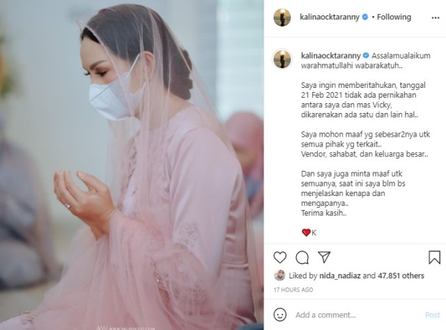 Screenshot Unggahan Kalina Oktarani Saat Umumkan Batal Nikah