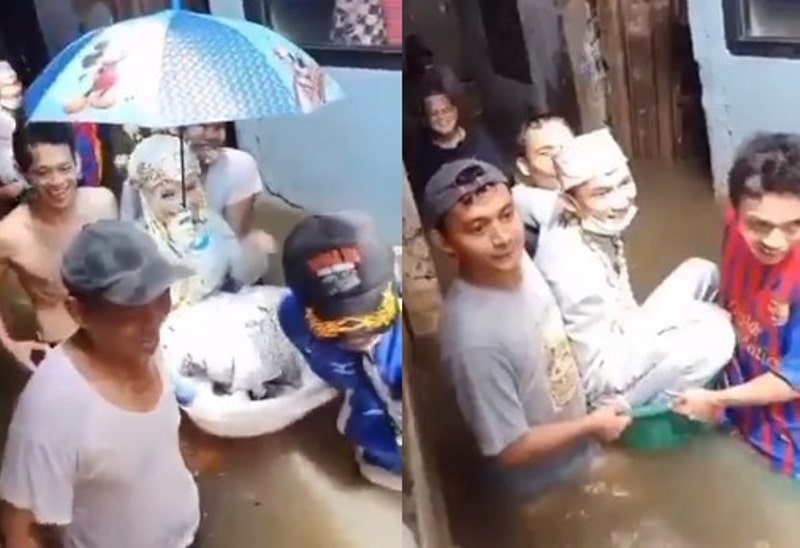 VIRAL Momen Pasangan Pengantin Terobos Banjir Pakai Bak Mandi Bayi