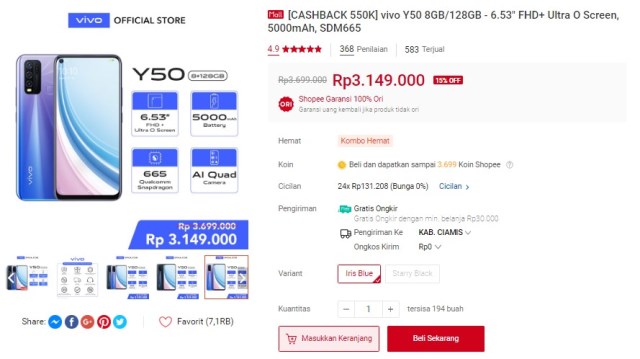 Harga Vivo Y50 di Shopee Harga Vivo Y50 di Shopee