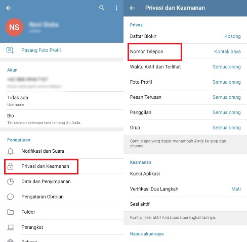 Cara Sembunyikan No HP di Telegram