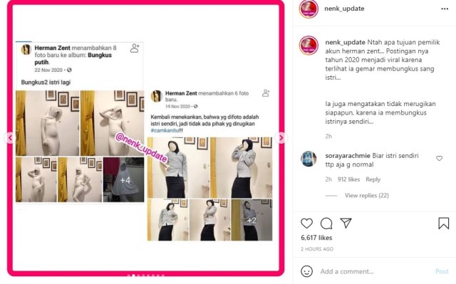 Tangkapan Layar Unggahan Suami Bungkus Istri Sendiri