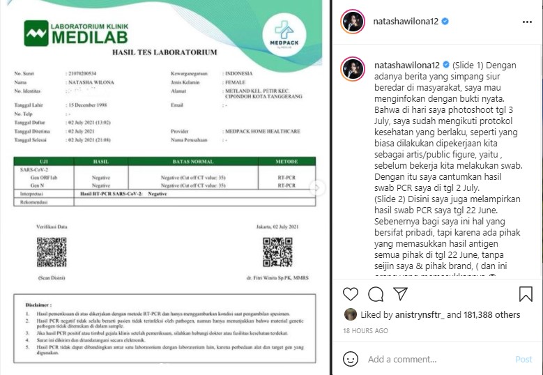 Tangkapan Layar Unggahan Natasha Wilona