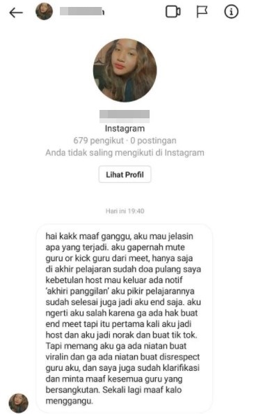 Isi DM Murid yang Kick Gurunya Dari Kelas Online