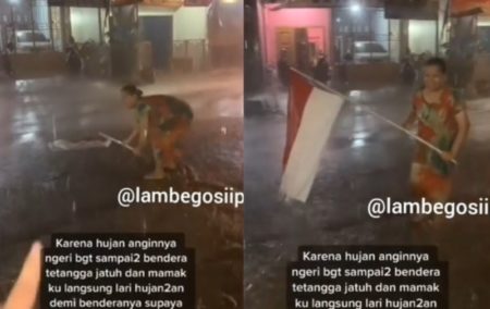 Meski Hujan Emak emak Rela Basah Kuyup Demi Selamatkan Bendera Merah Putih yang Jatuh