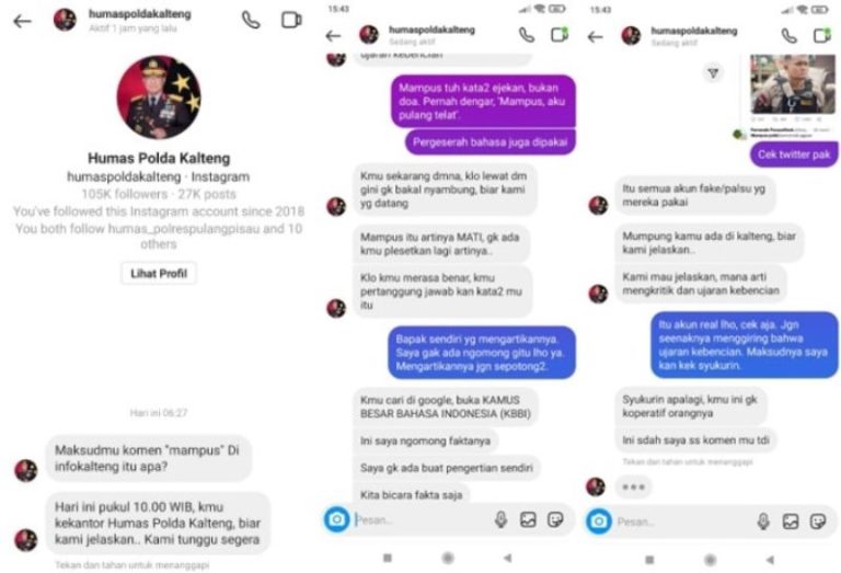 Komen Kata ‘Mampus’, Netizen ini Dapat DM dari Akun IG Humas Polda Kalteng Hingga Dipanggil ke Mapolda Komen Kata Mampus Netizen ini Dapat DM dari Akun IG Humas Polda Kalteng Hingga Dipanggil ke Mapolda