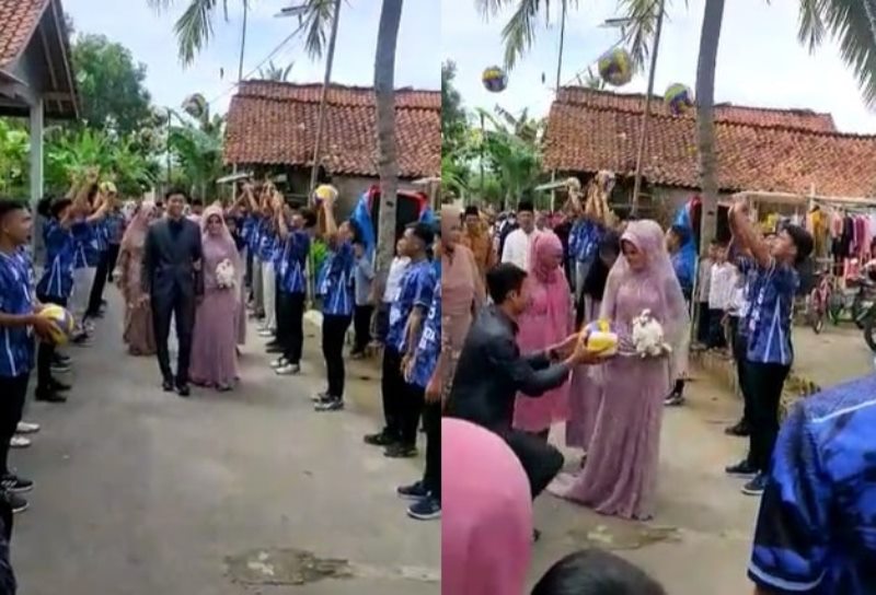 Bak Tradisi Pedang Pora Pengantin ini Disambut dengan Lemparan Bola Voli