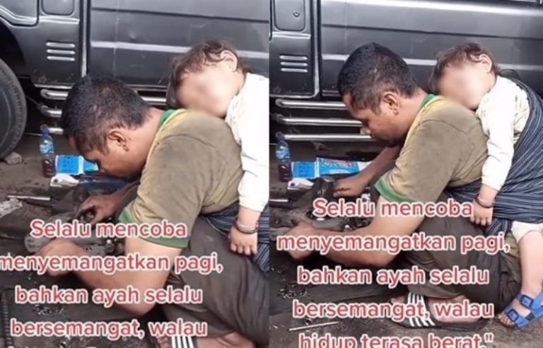 Momen Viral Seorang Ayah Kerja di Bengkel Sambil Gendong Anak yang Tertidur Pulas
