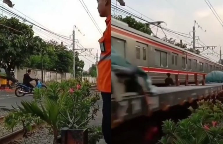 VIRAL Pemotor Tak Sabaran Nekat Terobos Palang Pintu Endingnya Terjebak di Antara Dua Kereta