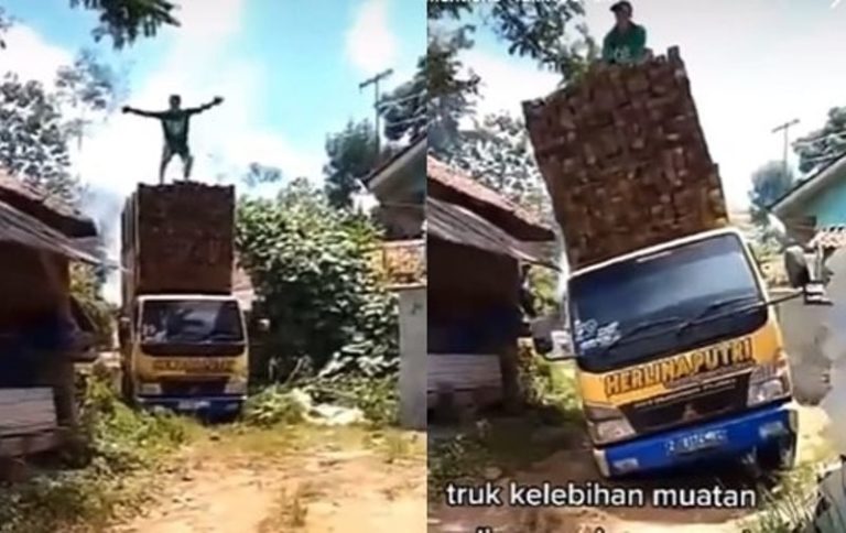 Aksi Pria Nekat Berdiri di Truk yang Kelebihan Muatan Endingnya Ngeri Banget