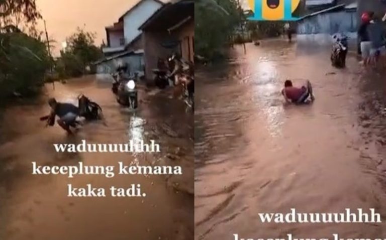 Lewati Jalan yang Terendam Banjir Motor Milik Pria ini Hanyut Hingga Tak Terlihat