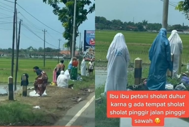 Momen Ibu ibu Petani Salat di Pinggir Sawah Tetap Khusyuk Meski dengan Alas Seadanya