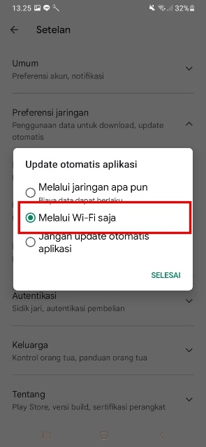 Pilih opsi update dengan jaringan WiFi saja