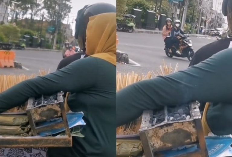 Tahan Panas Emak emak ini Pangku Pemanggang Sate dengan Arang Masih Menyala