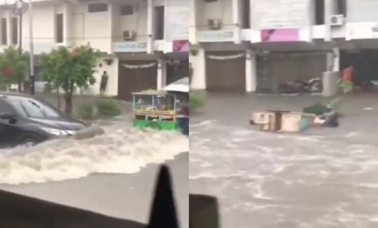 Viral Video Gerobak Pedagang Terbalik Akibat Ombak dari Mobil yang Terjang Banjir