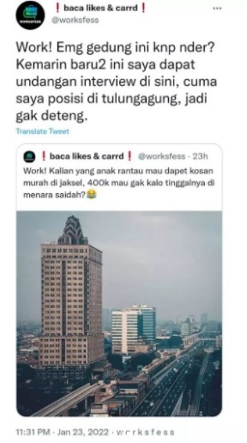 Cuitan Akun Twitter @worksfess terkait Menara Saidah
