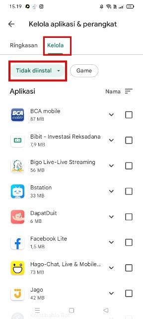 Daftar Apliaksi yang tidak diinstall