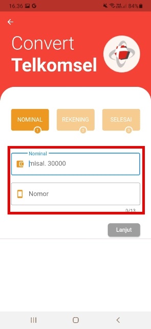 Masukan Nominal Transfer dan Nomor Ponsel