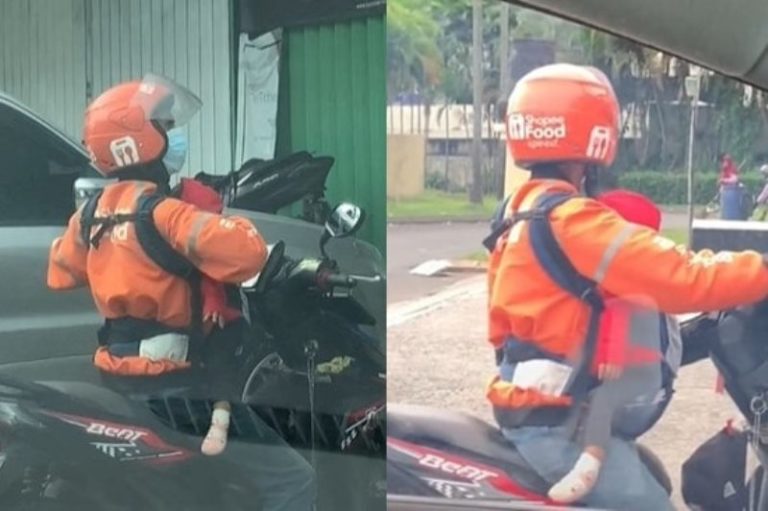 Momen Driver Shopee Food Kerja Sambil Gendong Anak yang Masih Kecil Bikin Terenyuh