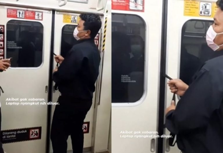Apes Gegara Buru buru Tas Laptop Pria ini Nyangkut di Pintu KRL