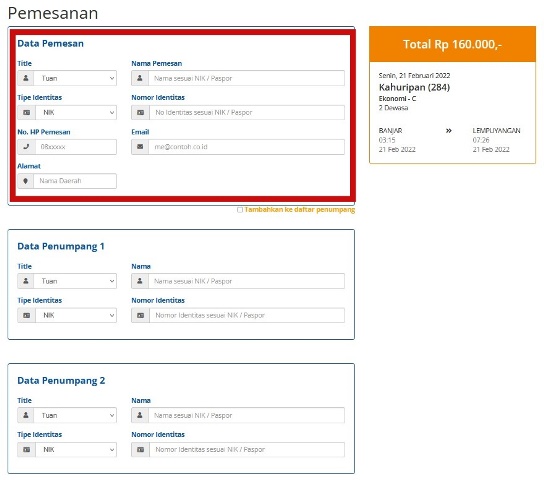 Masukan Data Pemesanan Penumpang yang akan berangkat