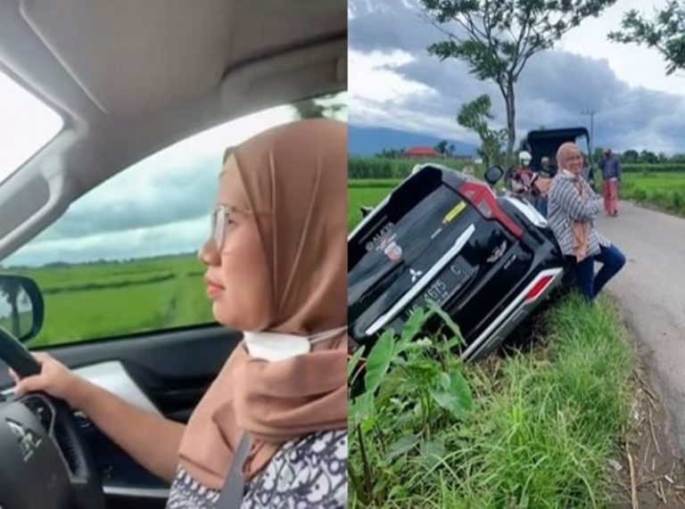 Nyungsep ke Sawah Saat Belajar Nyetir Wanita ini Malah Santuy Foto Narsis di Samping Mobil