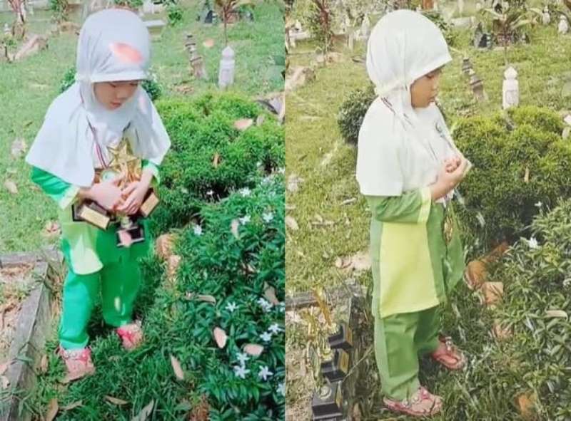 Terharu Banget Anak ini Bawa Banyak Piala Saat Ziarah ke Makam Sang Ayah