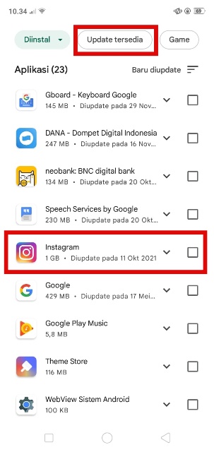 Update Tersedia dan Pilih Instagram