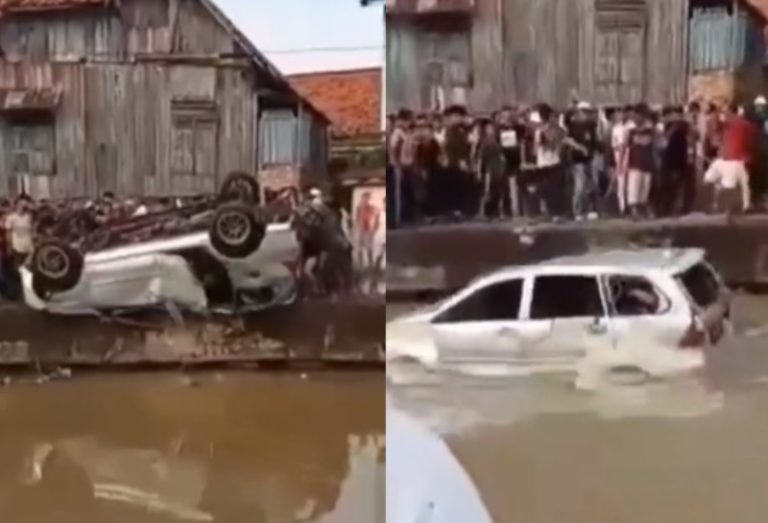 Gegara Sopir Ugal ugalan dan Tabrak Warga Mobil ini Diceburkan Massa ke Sungai