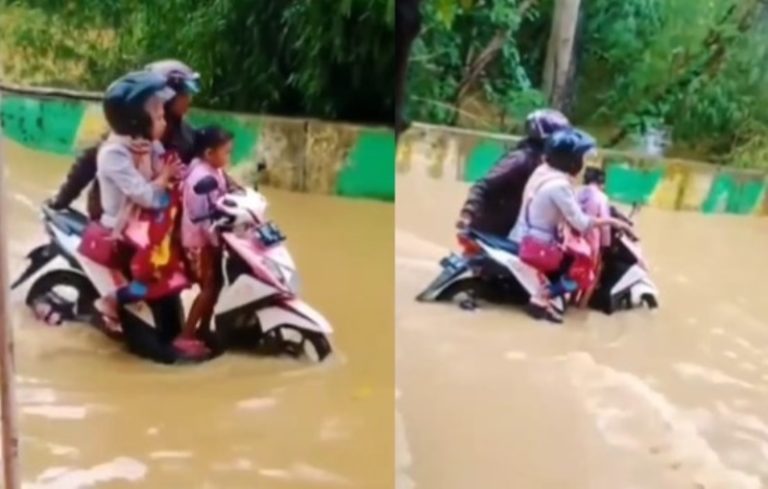 Sweet Banget Pria ini Rela Dorong Motor yang Dinaiki Anak dan Istri Saat Lewati Banjir