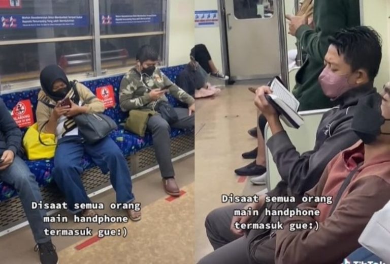 Tak Main Ponsel Pria ini Lebih Pilih Baca Alquran Saat di Kereta