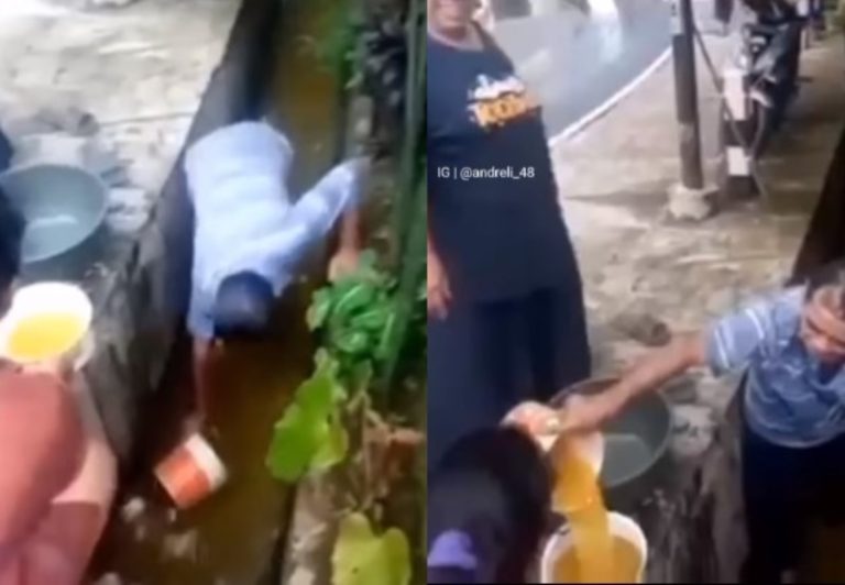 VIRAL Video Warga Ambil Minyak Goreng yang Tumpah ke Selokan Usai Truk Tangki Terguling