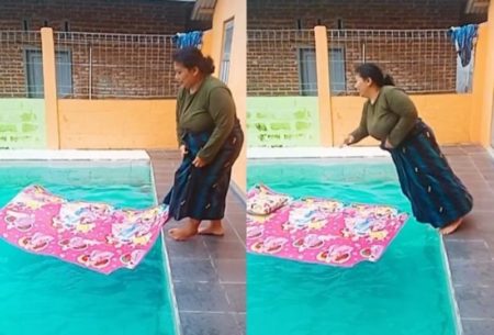 Viral Emak emak Ikut Tren Rebahan di Karpet yang Digelar di Kolam Endingnya