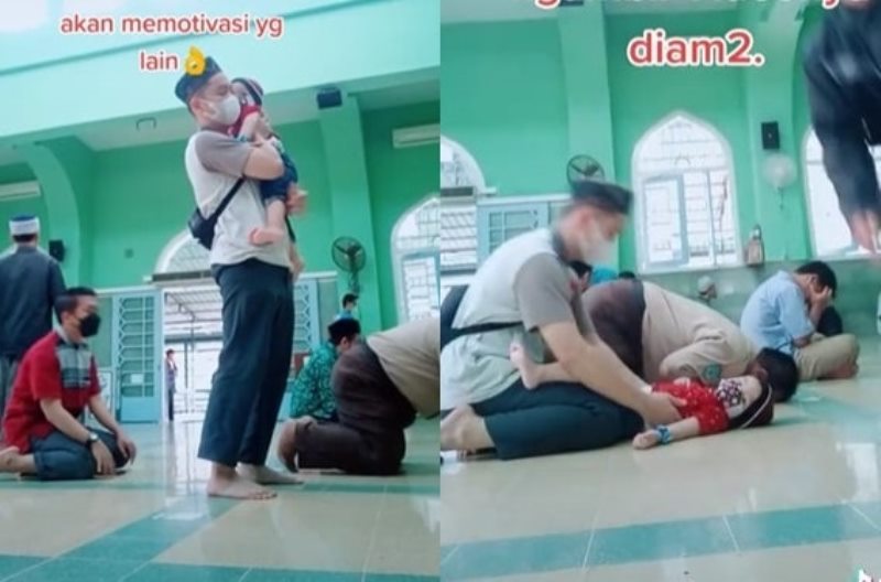 Viral Video Pria Salat di Masjid Sambil Gendong Anak Balita Hal ini Bikin Salfok
