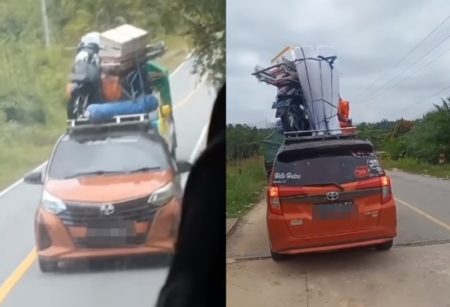 Diduga Hendak Pulang Kampung Pengemudi ini Nekat Angkut Motor di Atap Mobil