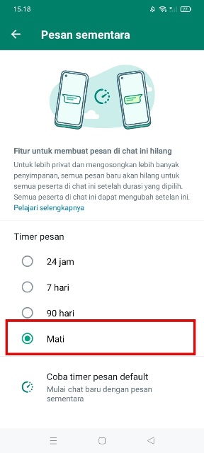 Matikan Opsi Pesan Sementara